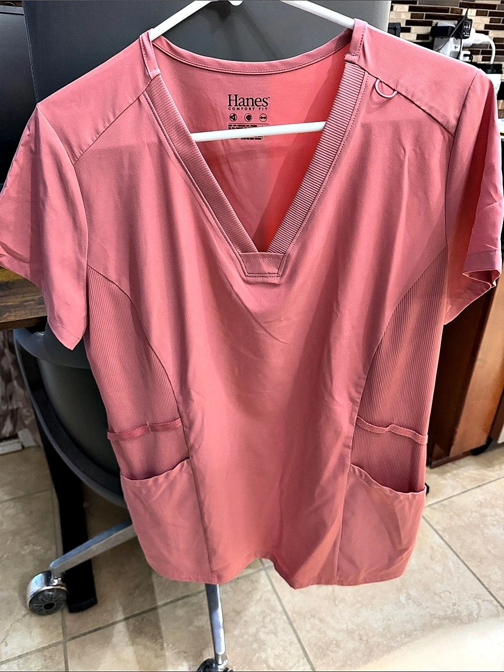 Hanes Comfort Fit Scrubs Women's Scrub Top Pink Short Sleeve V-Neck Tunic